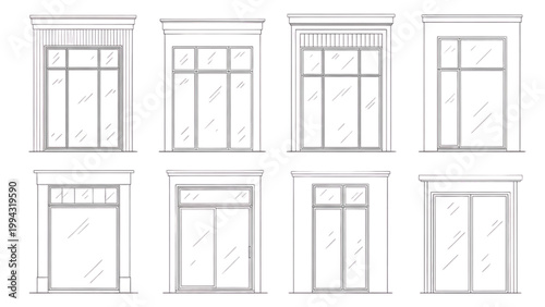 Set of diverse window designs, architectural elements for building facades
