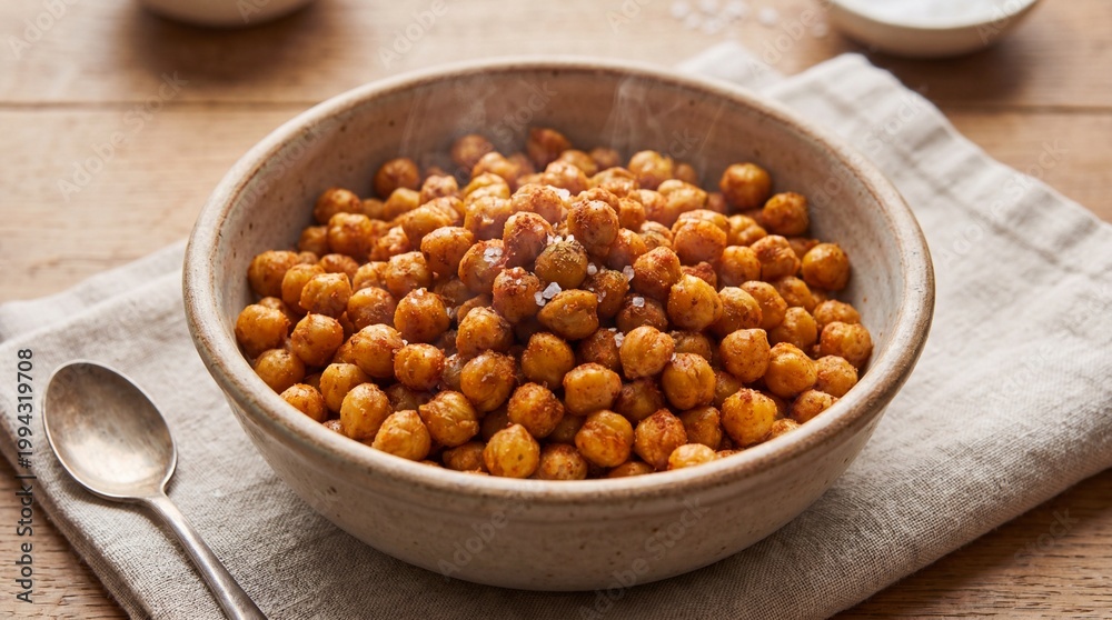 Fototapeta premium Crispy roasted chickpeas seasoned with spices. High-protein vegan snack option for healthy eating and Mediterranean diets.
