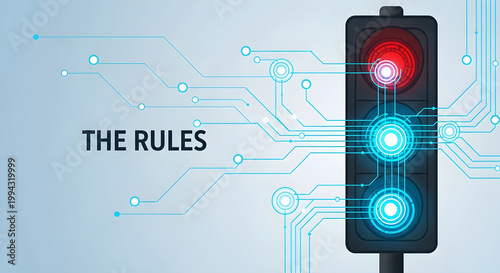 Traffic light with circuit board design and rules displayed nearby electronically