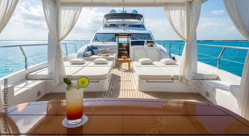 Luxury yacht with cocktail and sea view on a bright sunny day