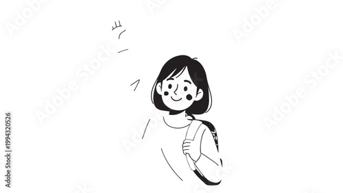 Simple black and white illustration of a young girl with shoulder-length hair and a backpack, expressing curiosity or surprise.