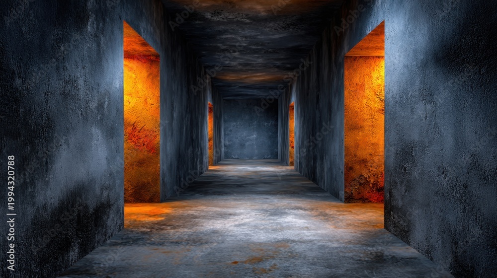 Fototapeta premium Dark and Mysterious Hallway with Glowing Orange Light and Textured Concrete Walls in a Surreal Setting