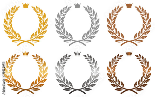 月桂樹と王冠のエンブレムアイコンセット（金・銀・銅の光沢あり／なしバリエーション・表彰／ランキング用高級デザイン素材）