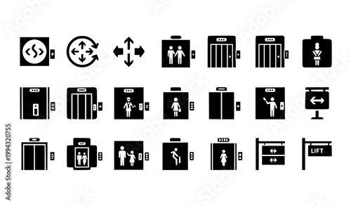 Elevator and Lift Icon Set Featuring Direction Arrows, Passenger Symbols, Floor Indicators, Door Controls, and Modern Building Navigation Vector Collection
