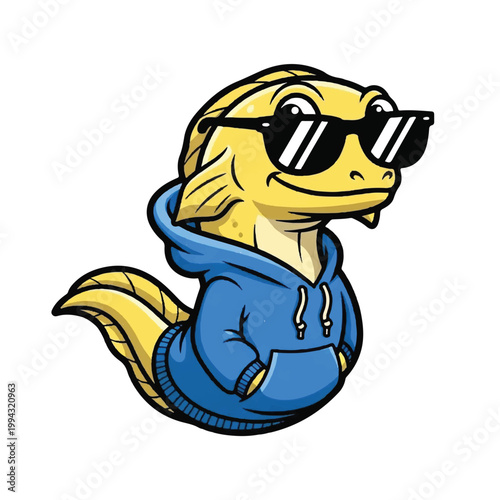 Cartoon lizard wearing sunglasses blue hoodie.
