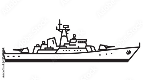 Military Ship Navigating Open Waters with Clear Sky and Calm Sea Surface.