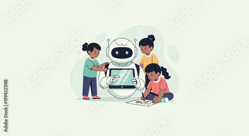 Children interact with a friendly robot, learning and creating together