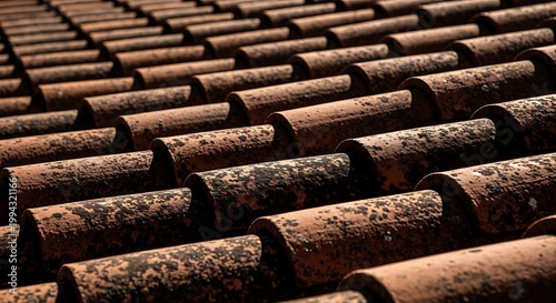 Close up of weathered terracotta roof tiles forming a repetitive pattern and texture under sunlight with tile roof, exterior