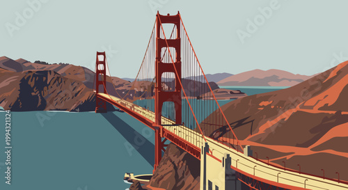 Golden Gate Bridge icon over the bay under a clear sky and mountains