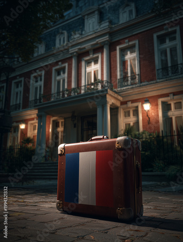 Vintage luggage with french flag in front of building