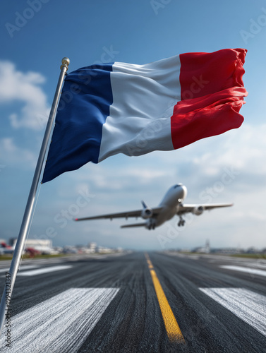 France flag waving with airplane taking off from airport runway