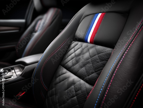 Car seat interior with quilted black leather and french flag stripe