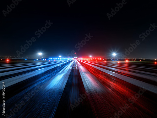 Airport runway lights creating motion blur at night