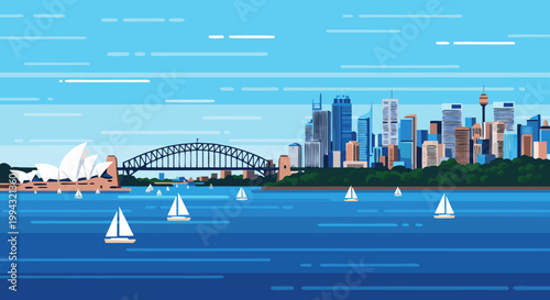 Vibrant Cityscape with Opera House and Harbor Bridge, Sailing Boats on the Water