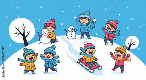 Cheerful children enjoy a snowy winter day, building snowmen, sledding, and playing snowball fights
