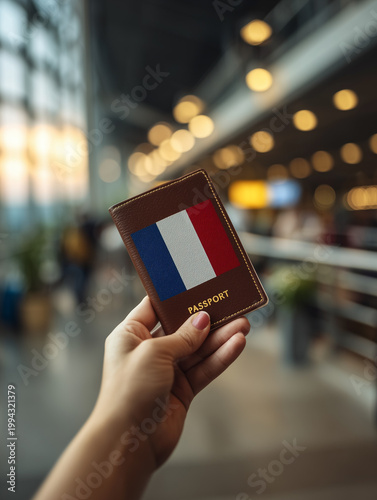 Person holding french passport in airport terminal