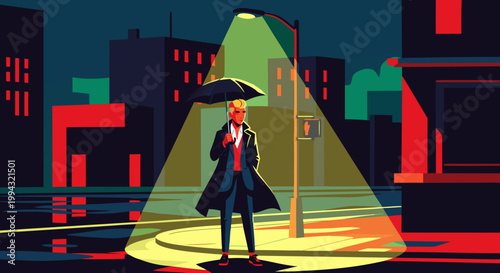Man with Umbrella Standing Under Streetlight in Rainy City Night
