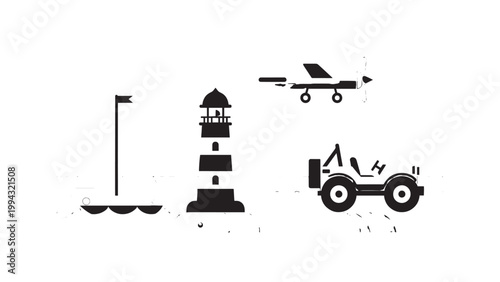 Aerial view of a small boat approaching a lighthouse with a drone flying overhead.