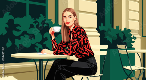 Young woman enjoying coffee at an outdoor cafe with a lush green background