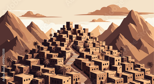 Ancient Middle Eastern Desert Village Nestled Among Majestic Mountains