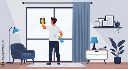 Man cleaning window with spray bottle and cloth in a modern living room with furniture and plants