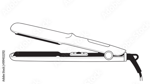 Close-up of a black and white hair straightener with a sleek design and adjustable temperature control.