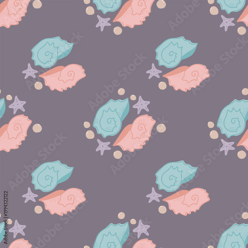 Seamless marine pattern with seashells and starfish