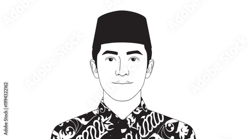 Black and White Illustration of a Young Man Wearing Traditional Attire with Neutral Expression.