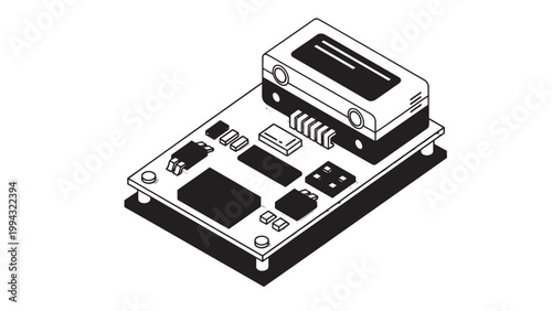 Isometric Illustration of a DJ Turntable and Mixer Equipment Setup.