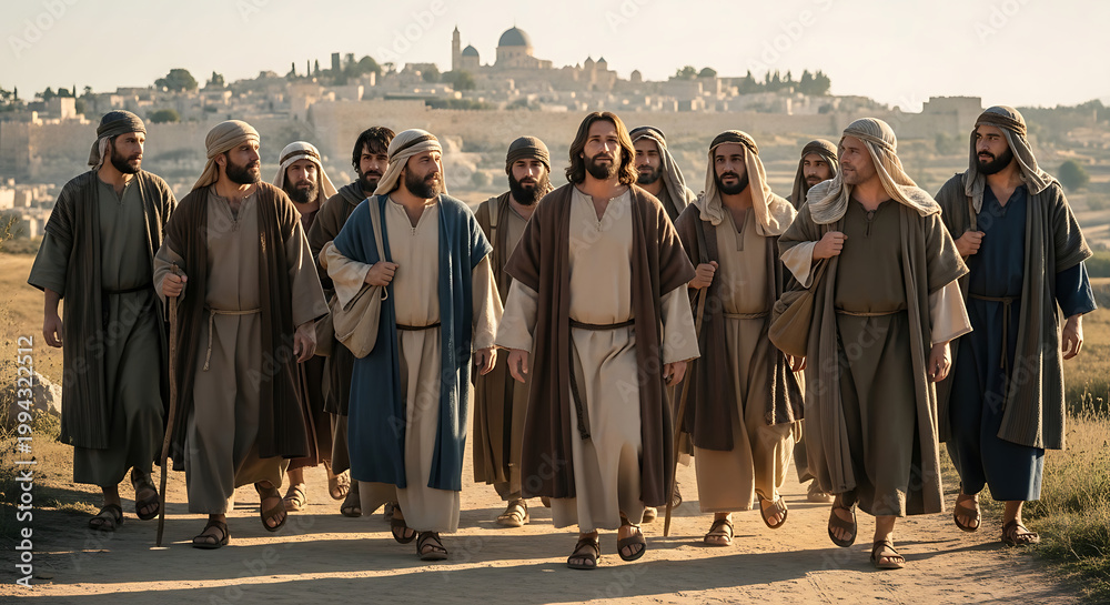 Fototapeta premium Biblical scene of Jesus Christ with his twelve apostles traveling on a rocky desert path toward the holy city of Jerusalem, ancient spiritual journey of religious men in traditional robes.