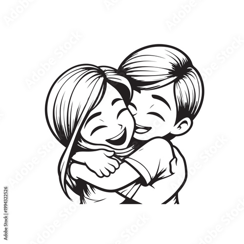 Cartoon vector illustration of a little boy and girl hugging each other in a friendly manner while smiling happily