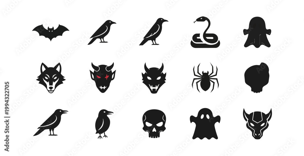 Fototapeta premium Dark silhouettes of various creatures and objects for themed design