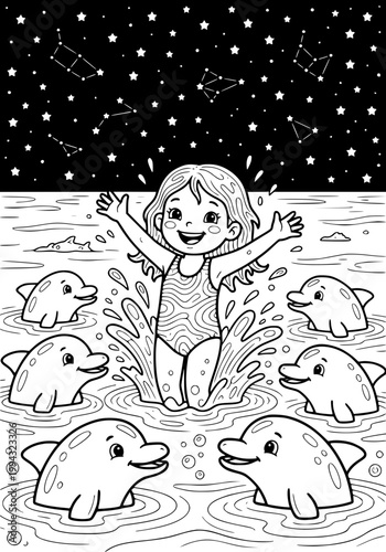A girl swimming in the sea with a pod of dolphins coloring page