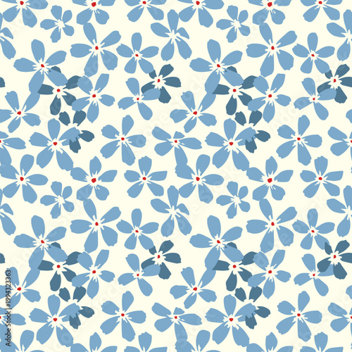 Seamless floral pattern with simple blue flowers and small red centers on a light background. Minimal flat design suitable for textile, wrapping paper, stationery, fabric print, wallpapers, packaging