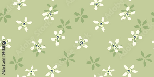 Seamless minimal floral pattern with white flowers and soft green leaves on sage background. Elegant natural repeat perfect for fabric, wallpaper, packaging, stationery and eco branding