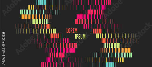 Geometric lines cascade onto a dark background. Image of multiple lines of varying thickness. Transition and displacement effects. Industrial style. Dynamic for brochure, poster, cover, presentation.