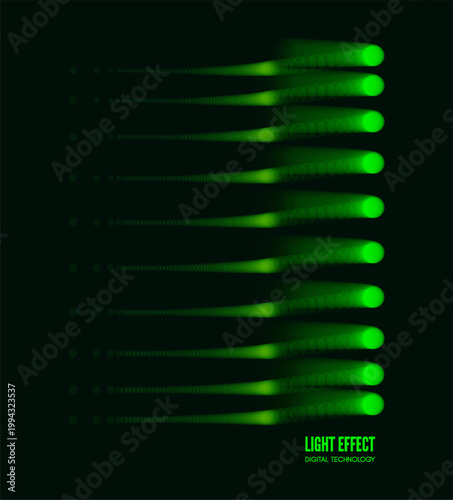 A pulsed stream of neon green particles on a black background. A bright, dynamic trace of pulsating energy on the screen. Technological digital background. Light effect. Vector illustration for design