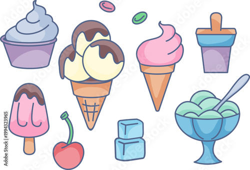 vector illustration presents a collection of ice cream designs in a line drawing style. The simple contours capture the charming shapes of popular dessert treats, perfect for food illustrations, menu 