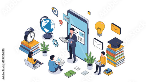 Educator gives a lecture via a large smartphone to students using laptops and books illustrating the concept of digital online learning and education.