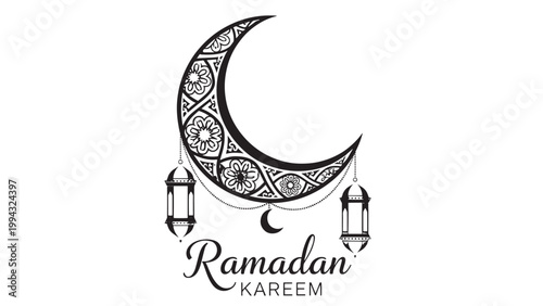 Ramadan Kareem Islamic Greeting with Crescent Moon and Lanterns Illustration.