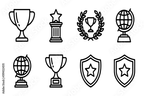 Set of achievement and victory icons including trophies medals shields with achievement, recognition