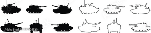 Tank armored vehicle military icon set collection group in black flat and line style featuring panzer, armor, war machine, combat vehicle synonym elements for army, defense and battlefield design use