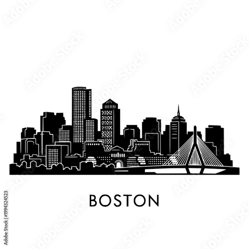 Elegant black and white line drawing of the boston skyline featuring iconic bridges and buildings