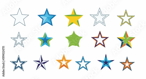 Collection of diverse, stylized five-pointed star graphic elements, varying in color and design