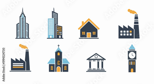 Collection of eight stylized building icons, including skyscrapers, houses, factories, a church, a public building, and a clock tower