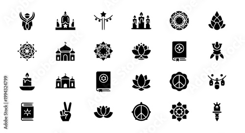 Cultural and religious glyph icon set with spiritual celebration and creative symbol collection vector