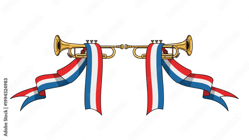 Obraz premium Pair of golden trumpets decorated with long red, white, and blue ribbons symbolize a national celebration or fanfare.