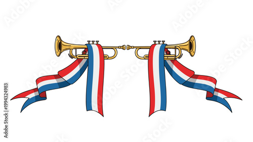 Pair of golden trumpets decorated with long red, white, and blue ribbons symbolize a national celebration or fanfare.