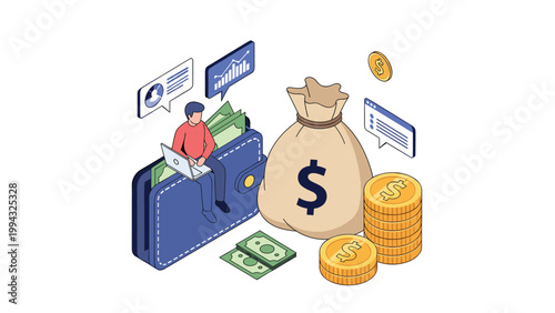 Entrepreneur manages his finances while sitting on a large leather wallet filled with cash next to a huge money bag.