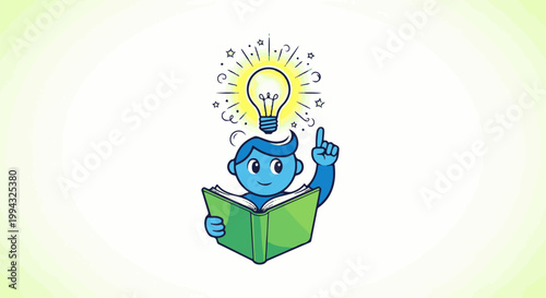 Cheerful blue character with bright idea bulb above head, reading a book